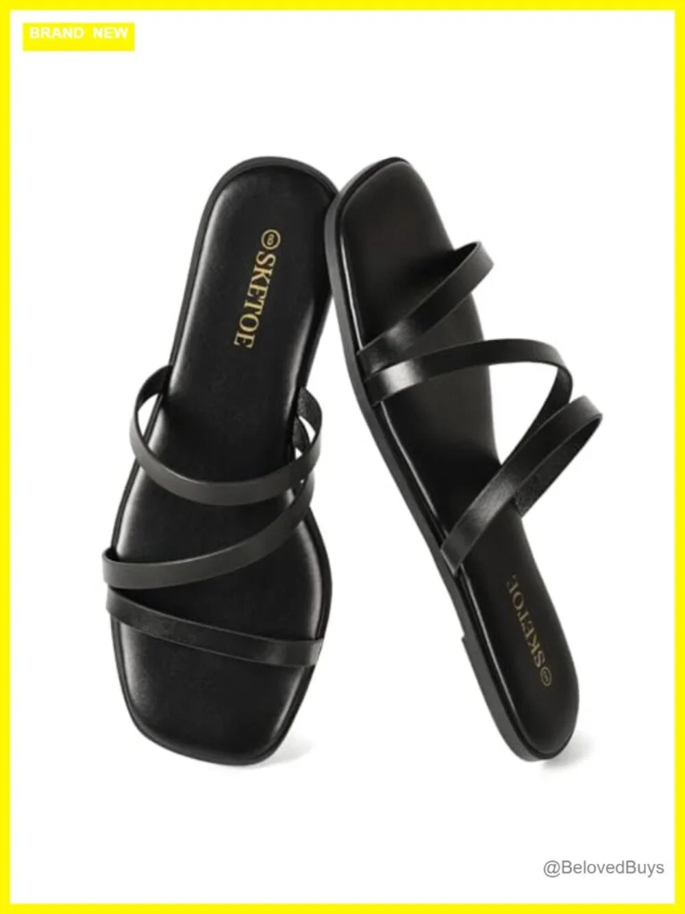 Women's Square Toe Strappy Flat Sandals Faux Leather Slip-On Comfort